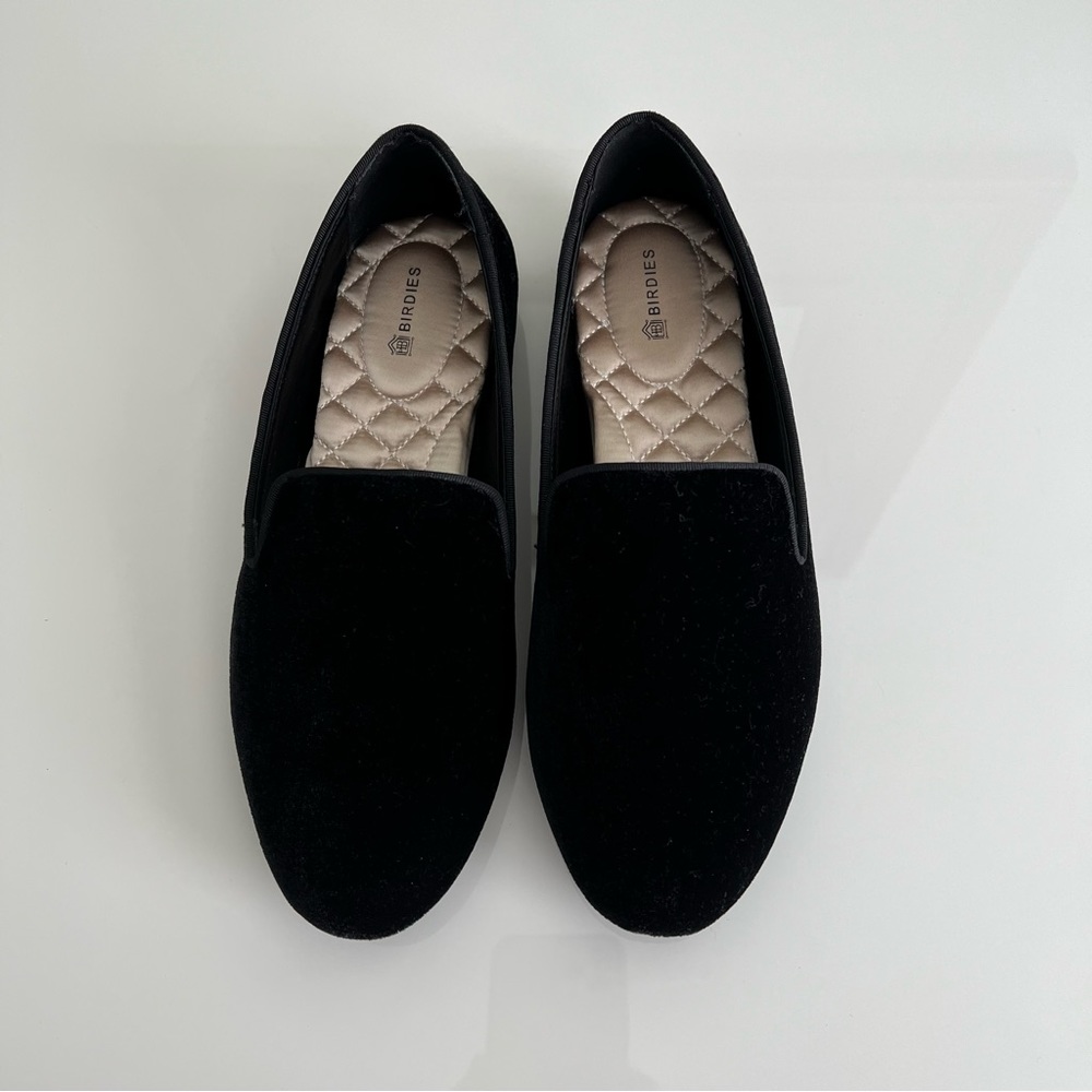 NWOB Birdies The Starling Black Velvet Flat Loafer Smoking Slippers Size 7.5